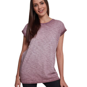 Build Your Brand Women's Spray-dye Extended Shoulder Tee - Burgundy girl