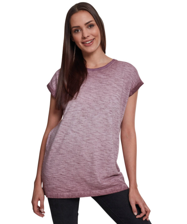 Build Your Brand Women's Spray-dye Extended Shoulder Tee - Burgundy girl