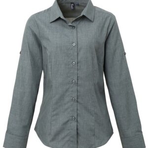 Premier Women's Poplin Cross-dye Roll Sleeve Shirt - Grey Denim